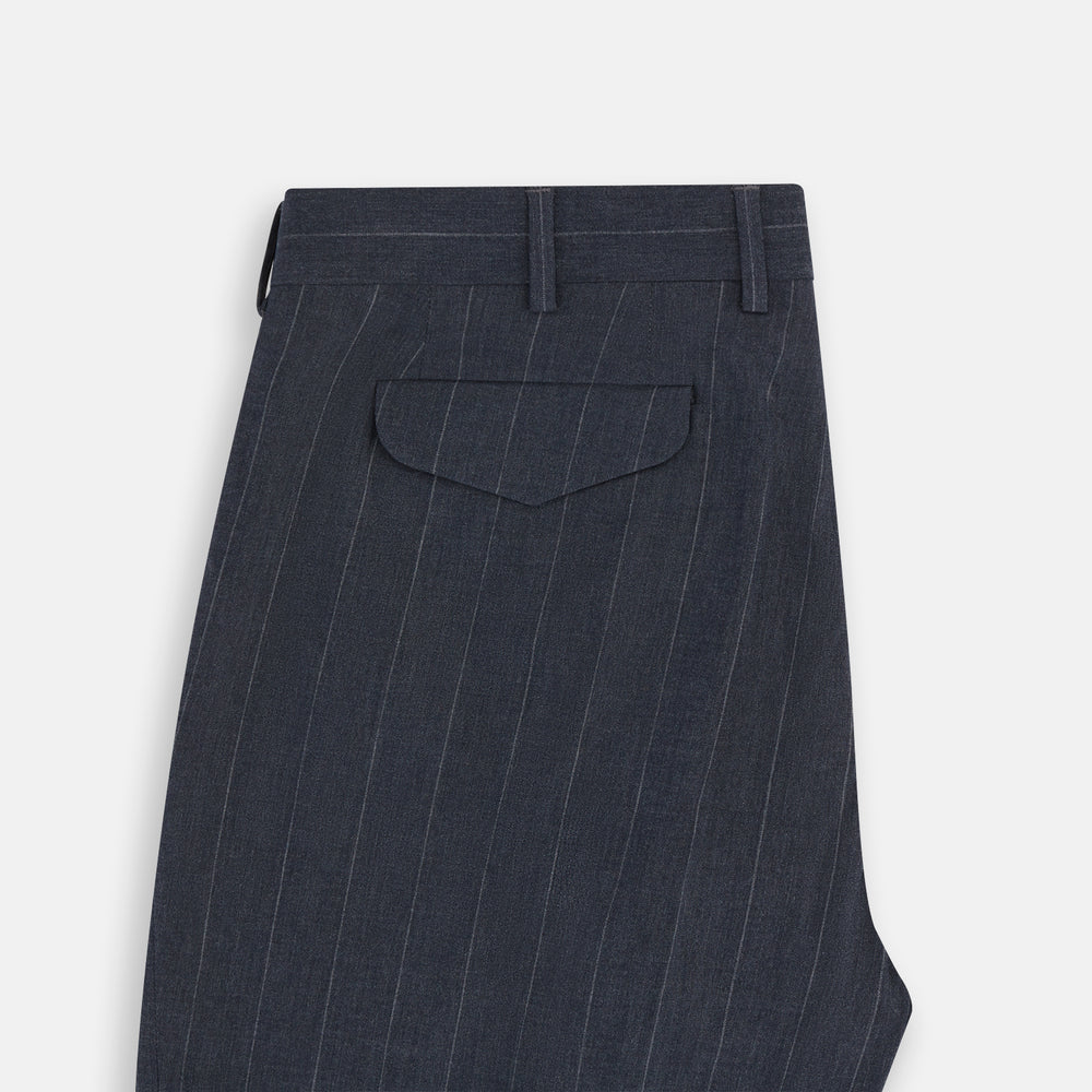 The Navy Striped Edmund trousers by Turnbull & Asser have a relaxed, straight-leg fit with front pleats, belt loops, and a single button waist closure, shown against a plain white background.