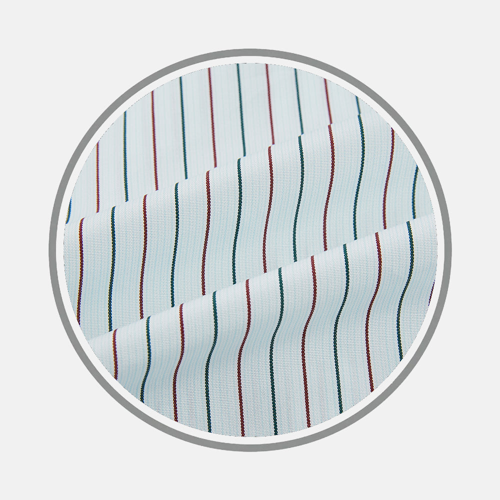 Close-up of Turnbull & Asser's Green and Burgundy Pinstripe Fabric, shown within a circular frame on a light gray background.