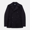 View 1 of product The Turnbull & Asser Navy Wellington Double-Breasted Caban Coat features wide lapels, six front buttons, a chest pocket, and two side pockets with buttoned flaps—ideal for polished formal wear.