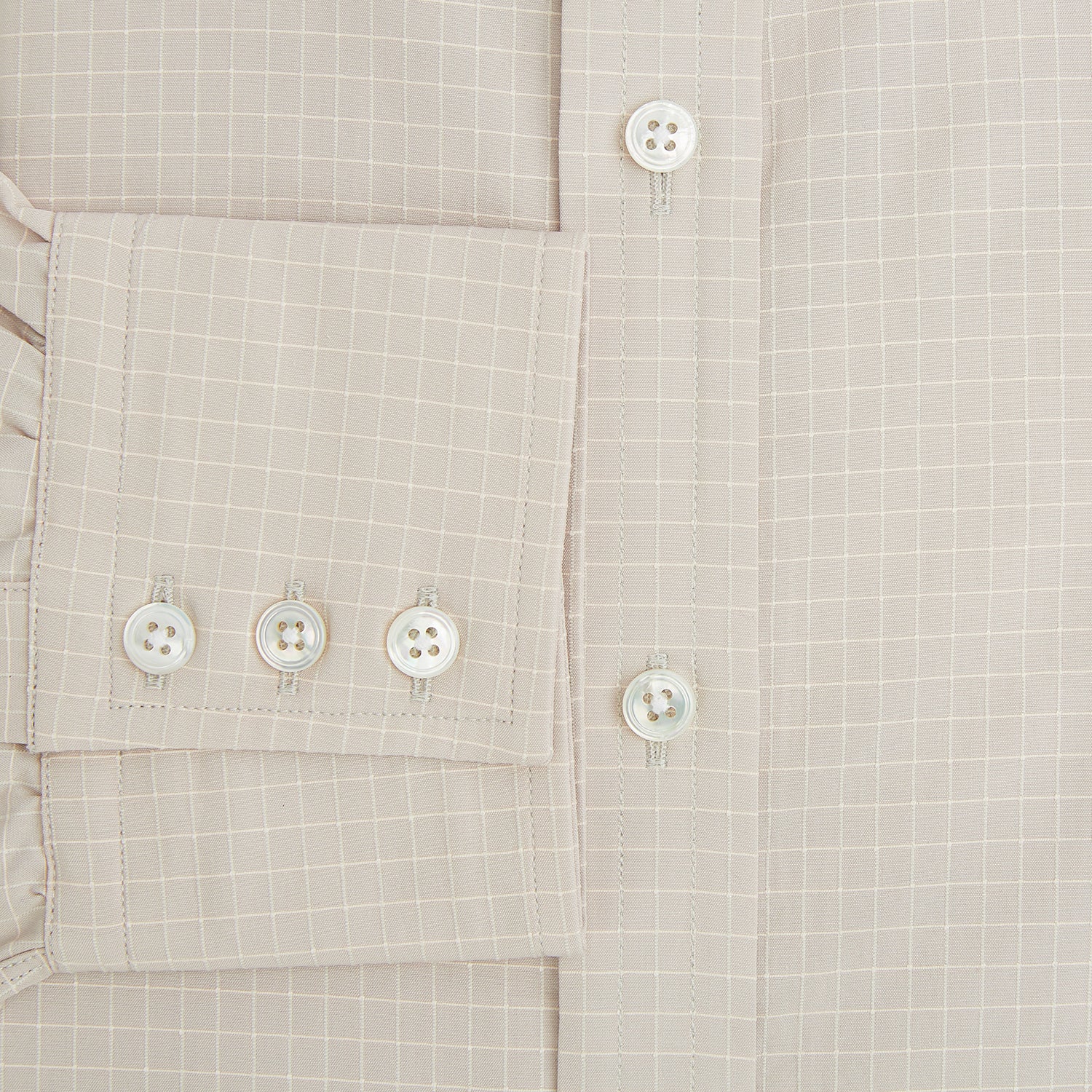 View 4 of product The Turnbull & Asser Pale Pink Fine Check Mayfair Shirt features long sleeves, a collared neckline, buttoned cuffs, and a subtle check pattern in sanforised cotton, displayed against a white background.