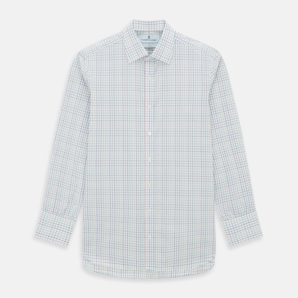 The Turnbull & Asser Multicoloured Double Grid Check Mayfair Shirt, made from organic cotton, features long sleeves, a collar, and a blue, green, and red grid check on white. The shirt is shown neatly laid flat against a white background.