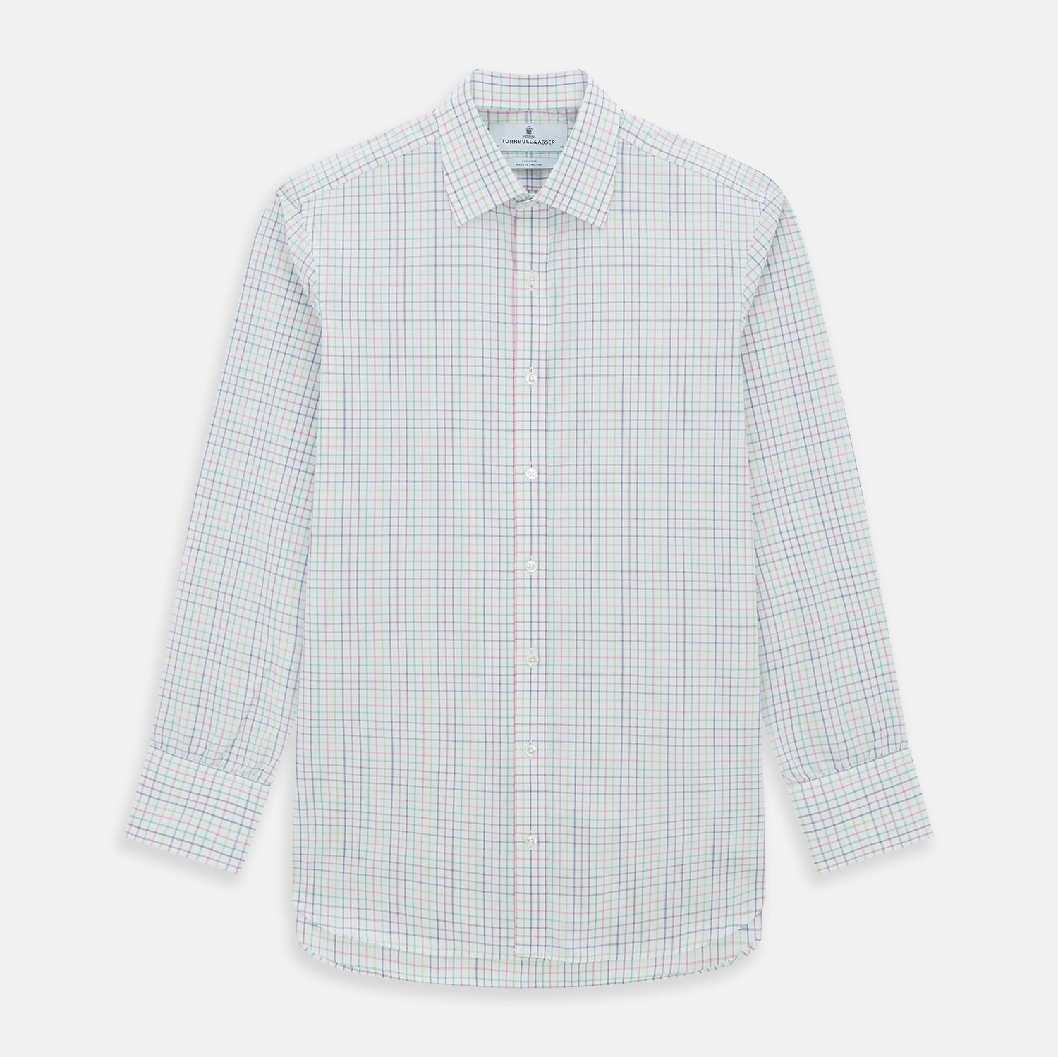 View 1 of product The Turnbull & Asser Multicoloured Double Grid Check Mayfair Shirt, made from organic cotton, features long sleeves, a collar, and a blue, green, and red grid check on white. The shirt is shown neatly laid flat against a white background.