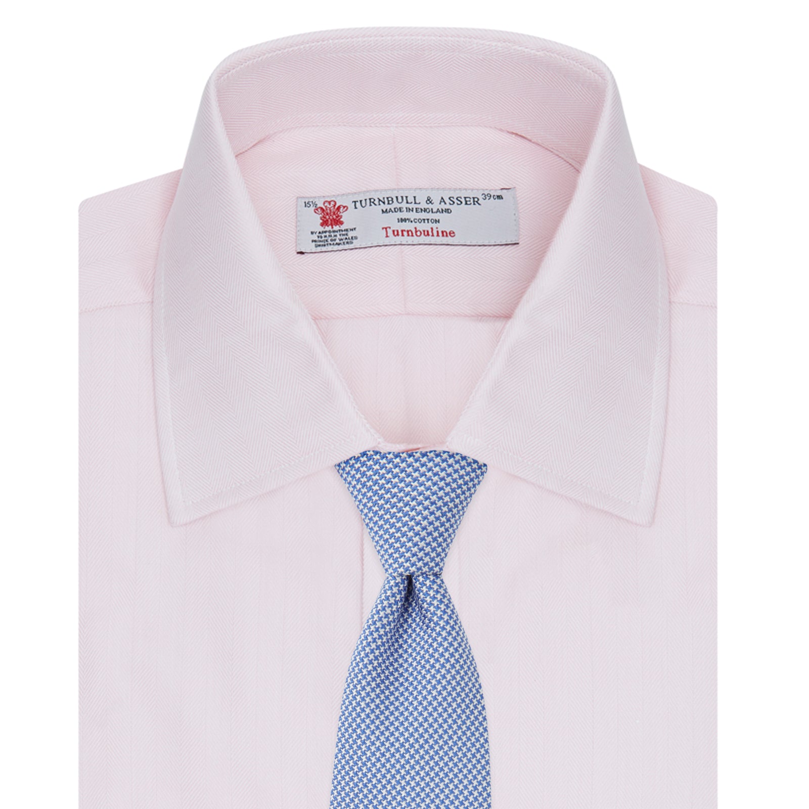 View 4 of product A Pink Herringbone Superfine Cotton Shirt by Turnbull & Asser, featuring a T&A collar and 3-button cuffs, is neatly folded with the inner collar label visible and white buttons, set against a plain white background.