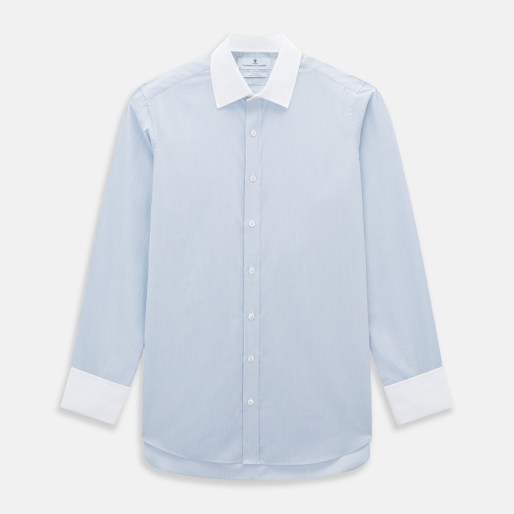 Turnbull & Asser Sky Blue Hairline Multi Stripe Shirt features a contrasting T&A collar and cuffs, long sleeves, and button-down front. Displayed against a plain white background.