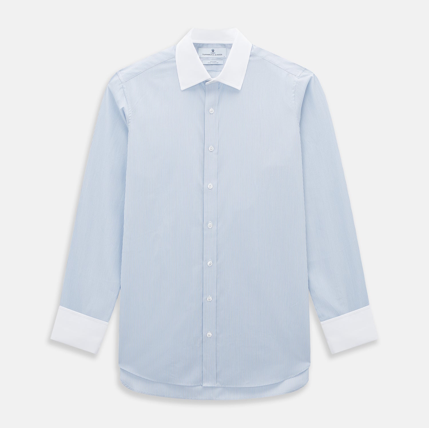 View 1 of product Turnbull & Asser Sky Blue Hairline Multi Stripe Shirt features a contrasting T&A collar and cuffs, long sleeves, and button-down front. Displayed against a plain white background.