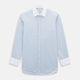 Turnbull & Asser Sky Blue Hairline Multi Stripe Shirt features a contrasting T&A collar and cuffs, long sleeves, and button-down front. Displayed against a plain white background.