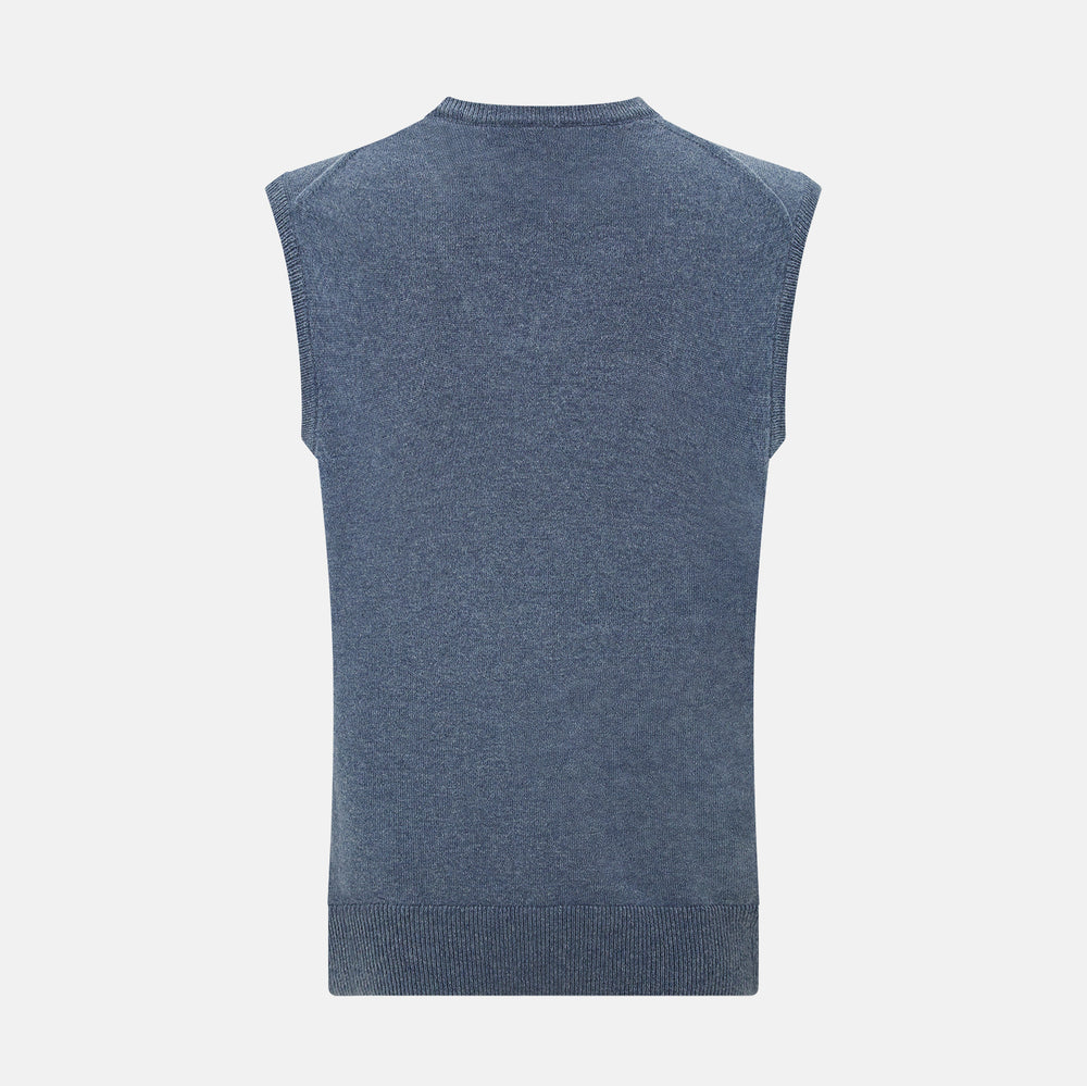 The Avio Blue Cashmere V-neck Vest by Turnbull & Asser is a sleeveless knitwear piece with ribbed hem and armholes, shown against a plain white background.