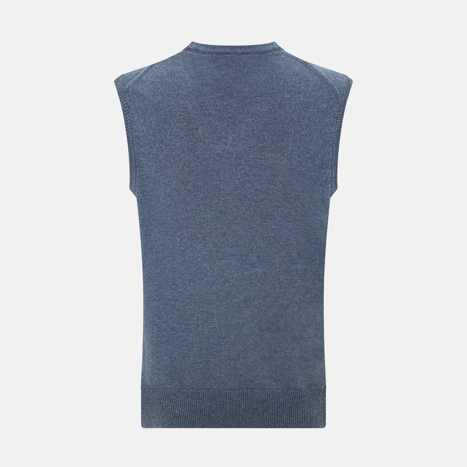 View 3 of product The Avio Blue Cashmere V-neck Vest by Turnbull & Asser is a sleeveless knitwear piece with ribbed hem and armholes, shown against a plain white background.