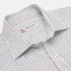 View 3 of product The Turnbull & Asser Brown and Blue Ticking Stripe Linen Shirt features a POW collar and 3-button cuffs, displayed against a light gray surface.