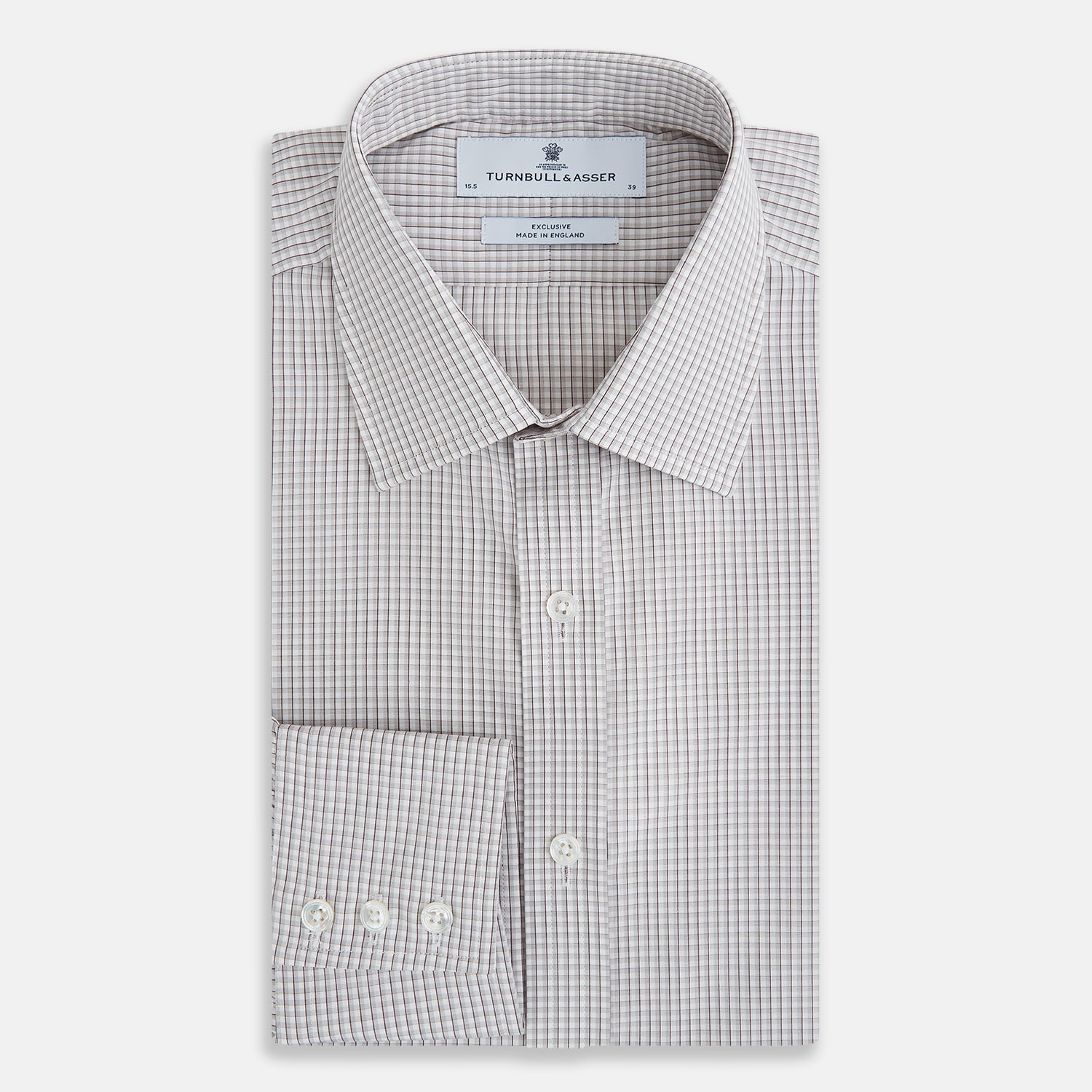 View 5 of product The Turnbull & Asser Grey Micro Shadow Check Mayfair Shirt is crafted from premium Italian cotton with long sleeves, a collar, and buttoned cuffs, shown folded flat against a white background.