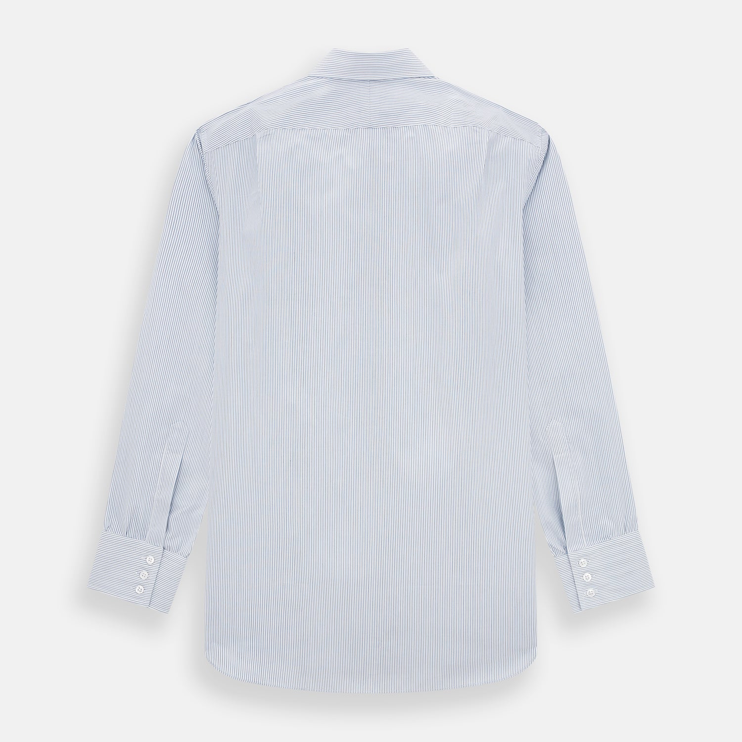 View 3 of product The Blue Ticking Pinstripe Mayfair Shirt by Turnbull & Asser features long sleeves, a button-down front, and classic T&A collar, shown on a plain white background.