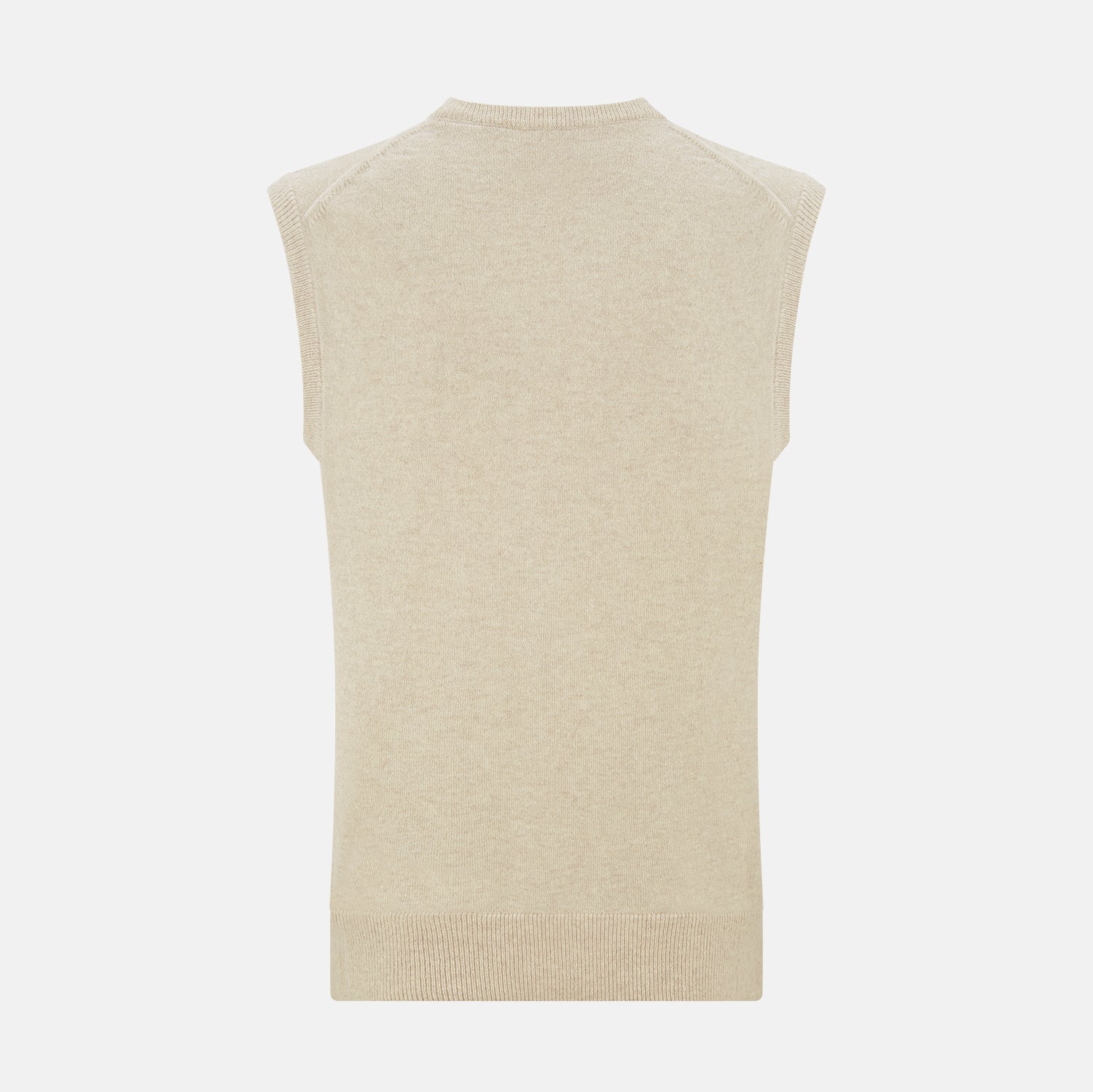 View 3 of product The Turnbull & Asser Cream Cashmere V-neck Vest features a sleeveless design and ribbed hem, presented on a plain white background—a refined update to the classic men’s sweater.
