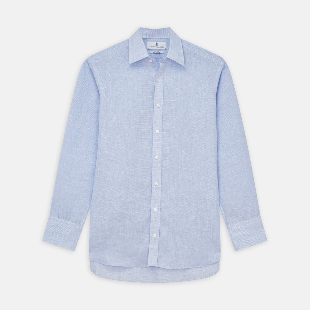 Turnbull & Asser's Pale Blue Check Linen Regular Fit Mayfair Shirt features a classic collar, front pocket, and buttoned cuffs—a breezy update to the traditional check shirt.
