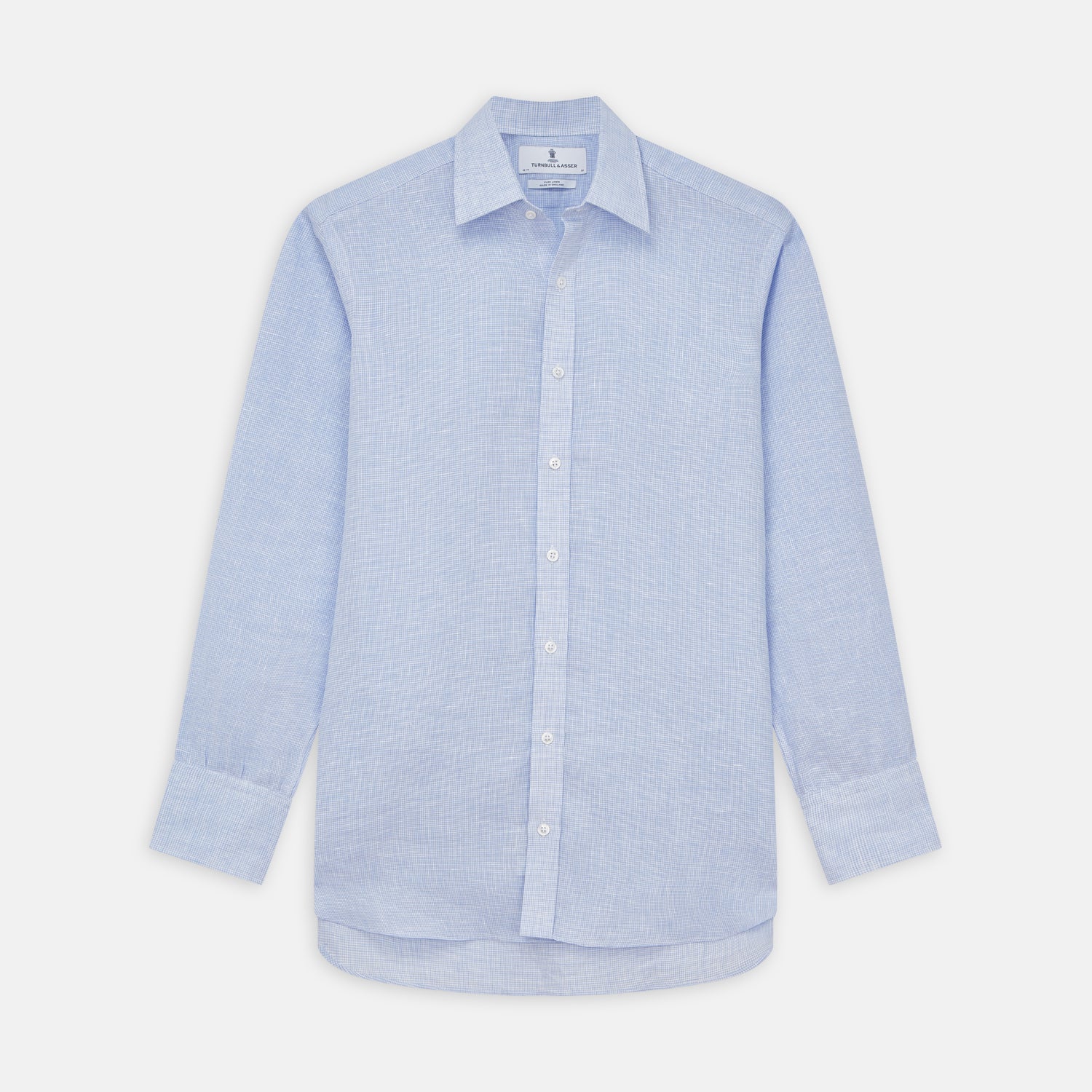 View 1 of product Turnbull & Asser's Pale Blue Check Linen Regular Fit Mayfair Shirt features a classic collar, front pocket, and buttoned cuffs—a breezy update to the traditional check shirt.