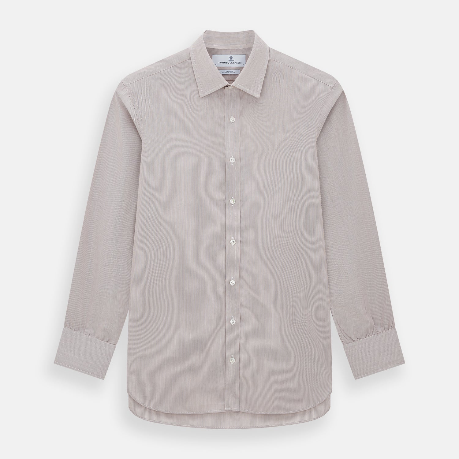 View 1 of product The Turnbull & Asser Burgundy Hairline Stripe Mayfair Shirt features long sleeves, a pointed collar, white buttons, and a classic Mayfair fit—perfect for formal occasions—presented against a plain white background.