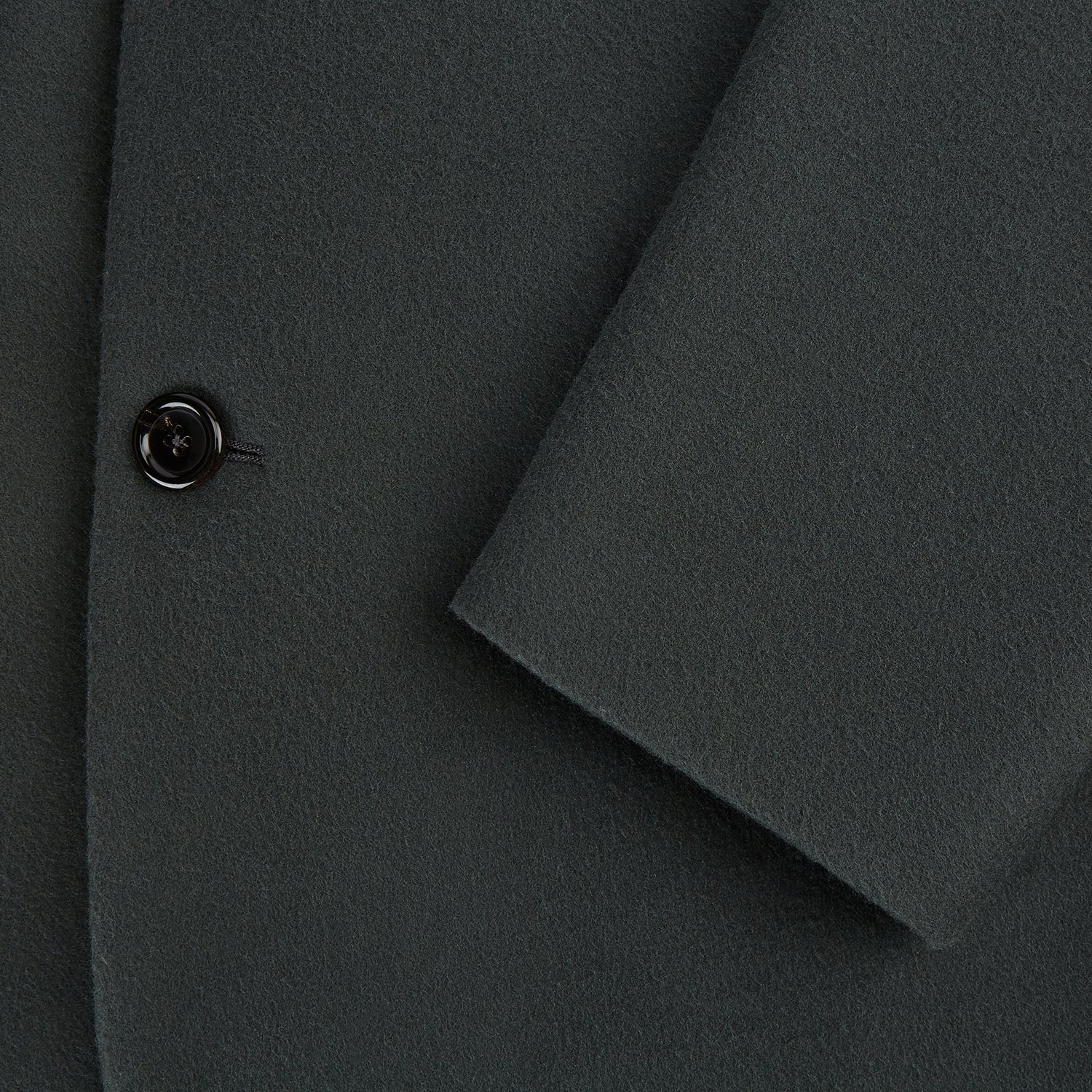 View 4 of product The Turnbull & Asser Moss Green Apsley Single-Breasted Caban Coat, featuring three buttons, a notched lapel, and three front pockets, is showcased on a plain white background.