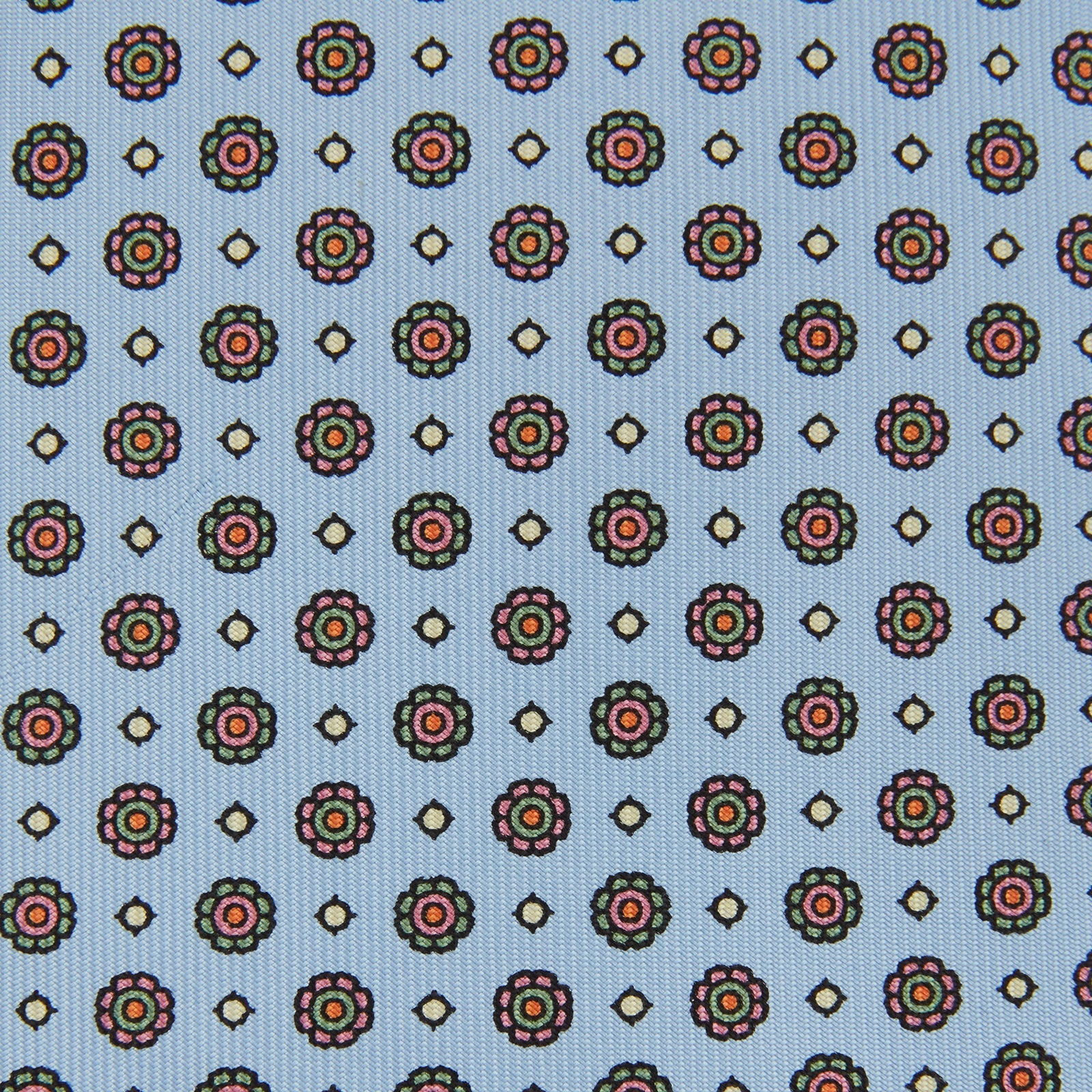 View 3 of product The Great Gatsby Silk Tie by Turnbull & Asser, as seen on Jay Gatsby—a light blue silk tie with red, yellow, and navy geometric floral motifs, ideal for classic 1920s-inspired shirts.