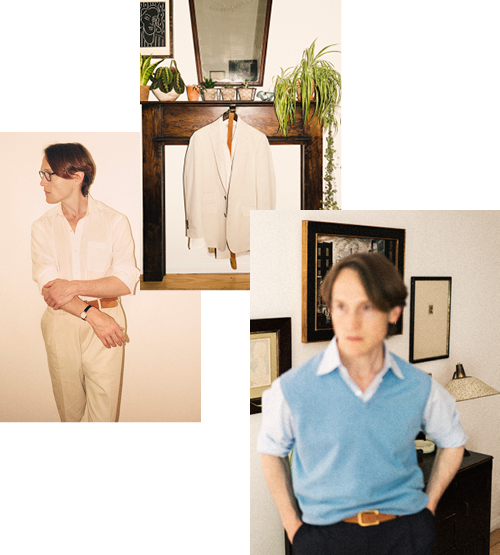 A collage featuring a man in vintage-style outfits: a white shirt and cream pants, a blue sweater vest over a collared shirt, and a cream jacket hanging on a wooden mirror above a fireplace with plants.