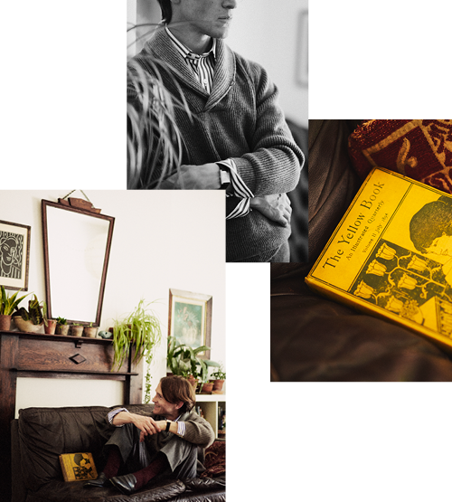 A collage of three images: a black-and-white photo of a man with folded arms, a close-up of a yellow book on a couch, and a man sitting on a sofa in a cozy living room with plants and framed art.