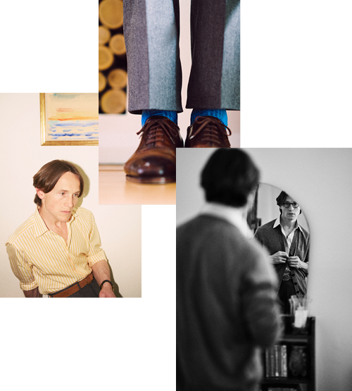 A collage with three photos: a close-up of shoes and gray pants; a man in a yellow striped shirt sitting; and the same man adjusting his shirt while looking in a mirror.