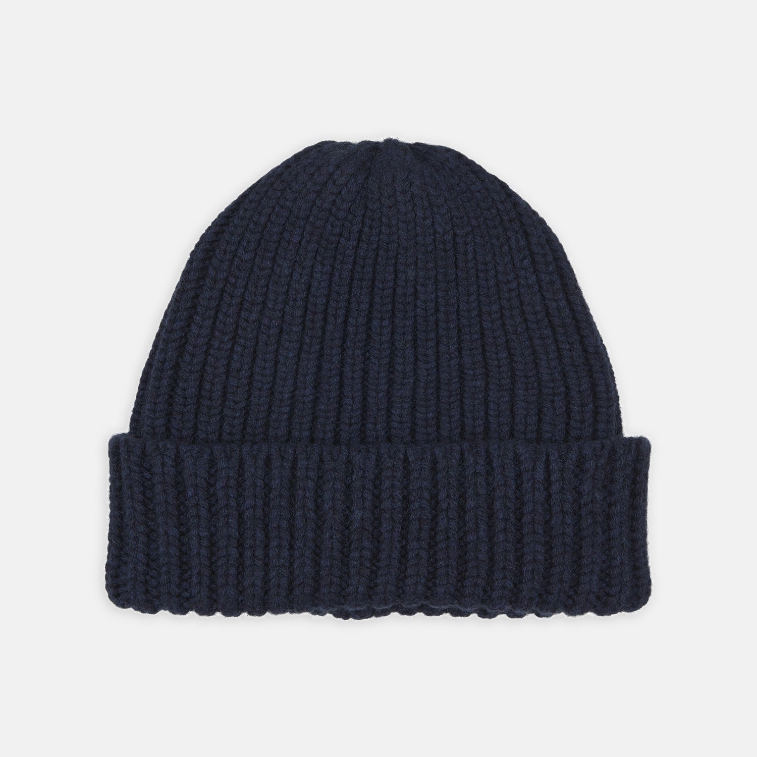 View 1 of product The Turnbull & Asser Navy Ribbed Cashmere Hat features a folded brim and is displayed on a plain white background.
