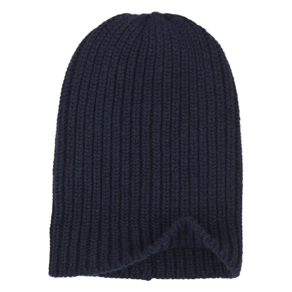 The Turnbull & Asser Navy Ribbed Cashmere Hat features a folded brim and is displayed on a plain white background.