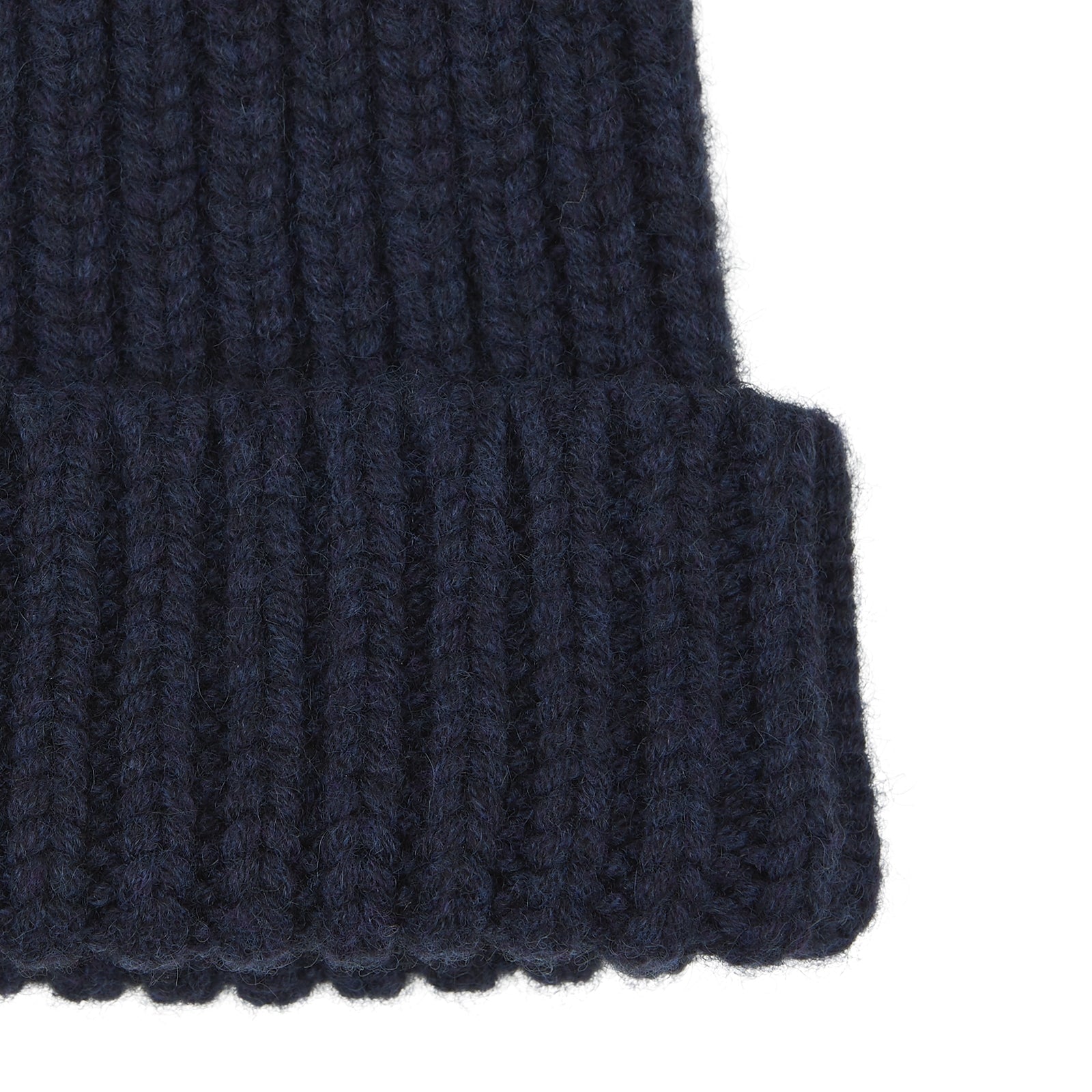 View 3 of product The Turnbull & Asser Navy Ribbed Cashmere Hat features a folded brim and is displayed on a plain white background.