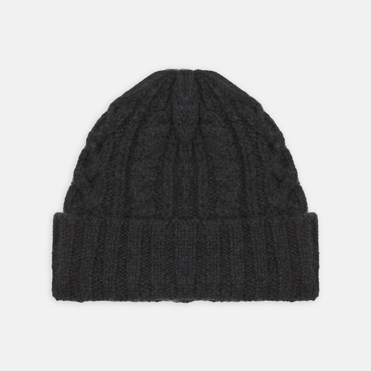 View 1 of product The Turnbull & Asser Charcoal Cable Knit Cashmere Hat features a ribbed fold-over cuff and textured pattern, ideal for winter, shown laid flat on a white background.