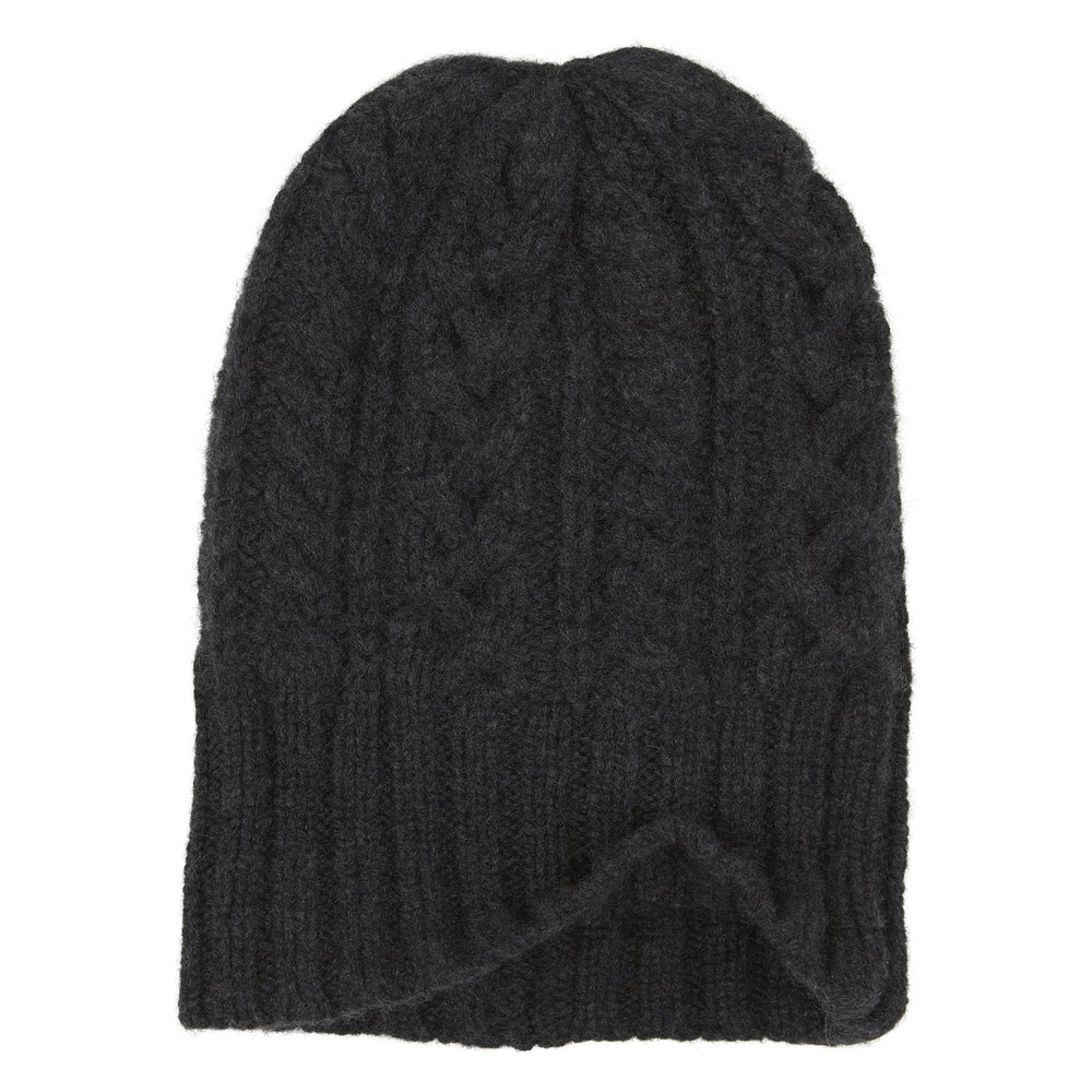 The Turnbull & Asser Charcoal Cable Knit Cashmere Hat features a ribbed fold-over cuff and textured pattern, ideal for winter, shown laid flat on a white background.