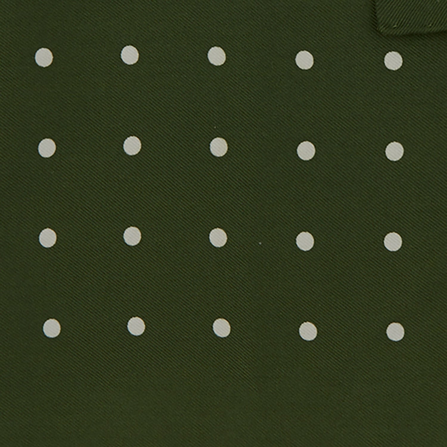 View 3 of product The Turnbull & Asser Olive Spot Silk Pocket Square features white polka dots, the brand’s logo in one corner, and a stylishly folded tip for a dapper finish.
