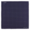 View 2 of product The Navy Spot Silk Pocket Square by Turnbull & Asser features a white polka dot pattern and is neatly folded at one corner, with the brand name printed in white on the lower right—perfect for pairing with pinstripe suits.