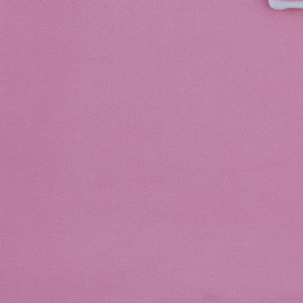 The Pink and White Piped Silk Pocket Square by Turnbull & Asser, featuring the brand’s name in white on one corner, is elegantly folded and set against a plain white background.