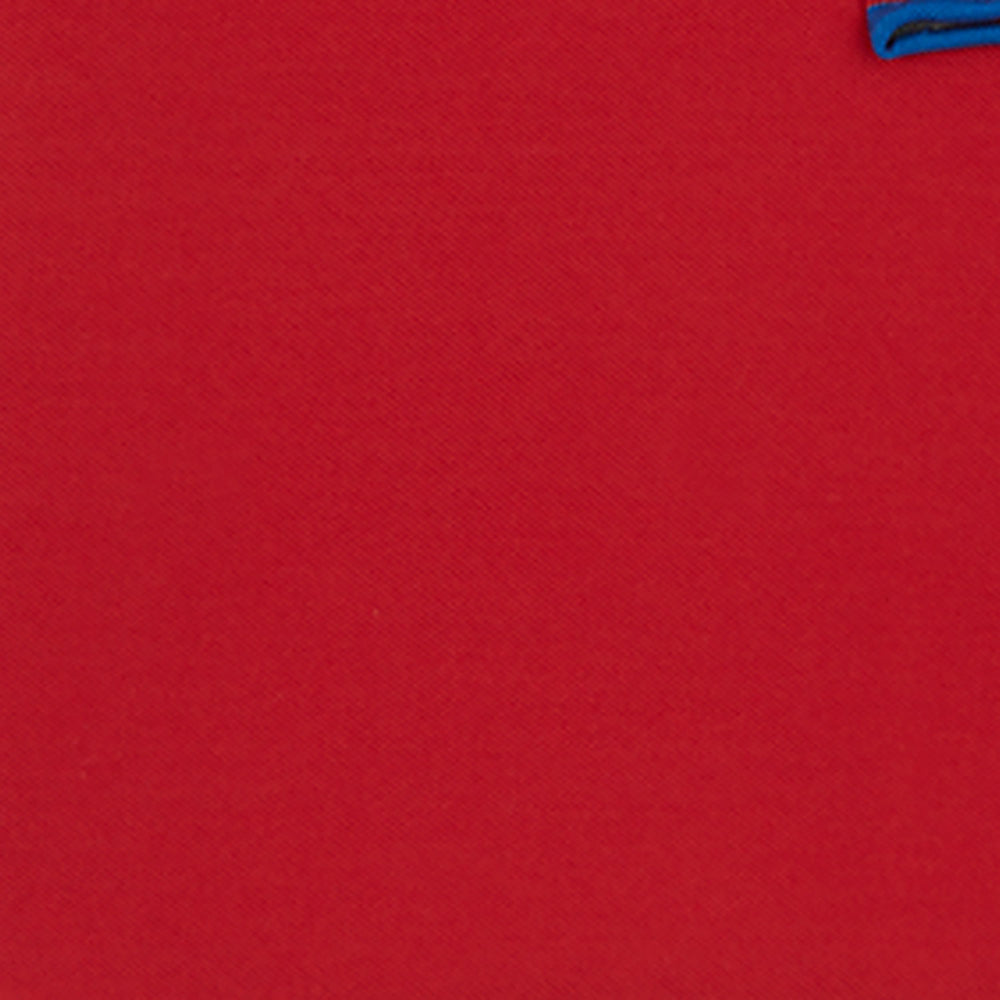 The Red and Navy Piped Silk Pocket Square by Turnbull & Asser features classic red silk with navy edging and the brand’s name printed in white on the bottom right corner.