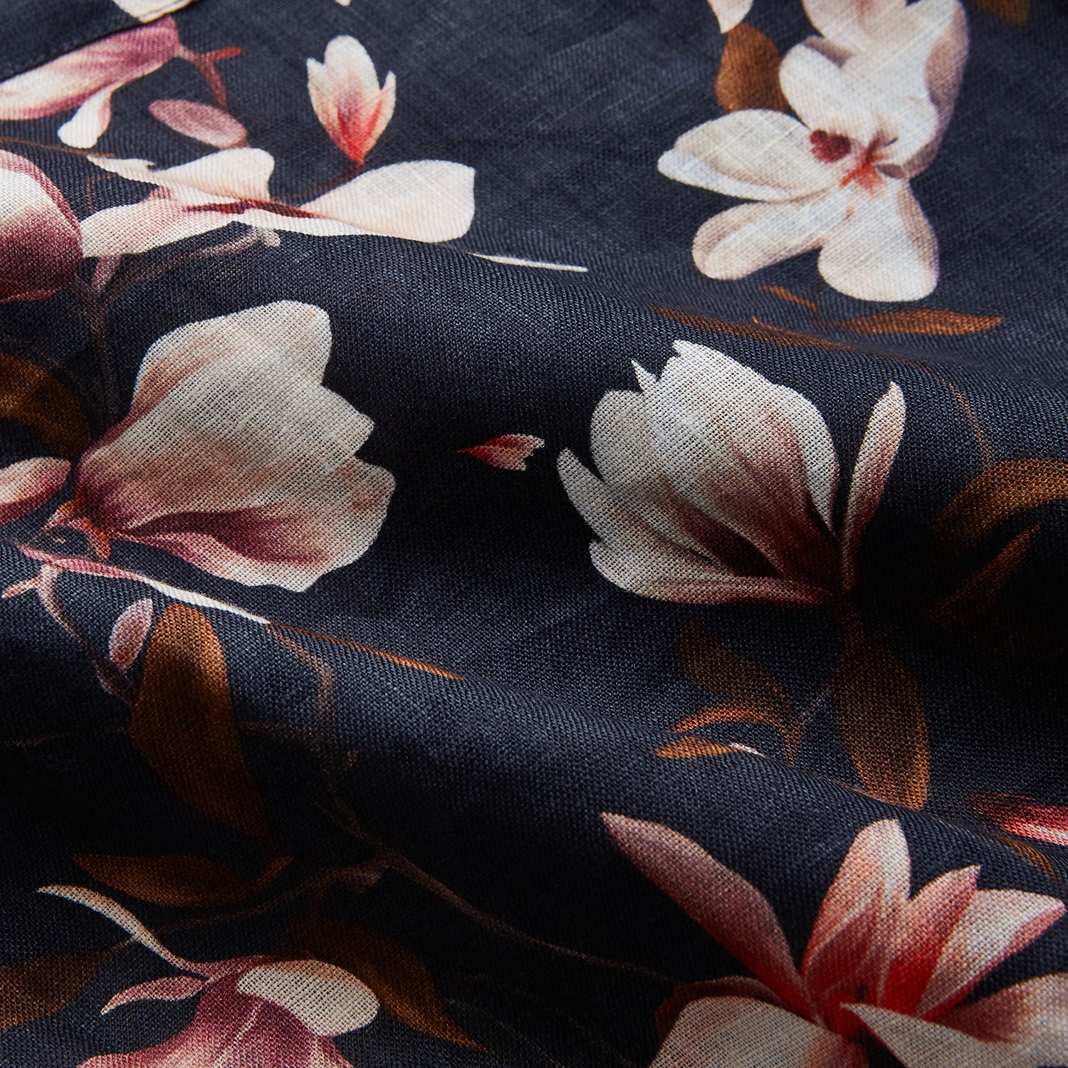 View 2 of product The Turnbull & Asser Navy Floral Pattern Linen Hayhurt Kimono Gown is a knee-length, long-sleeved gown with a floral print and a matching fabric belt tied at the waist.
