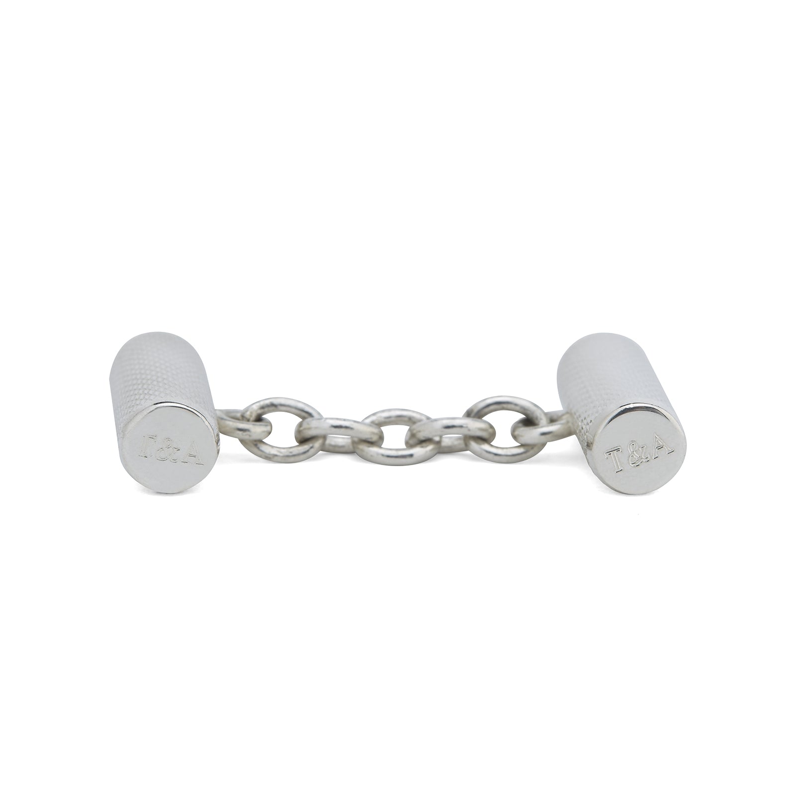 View 2 of product Turnbull & Asser’s Sterling Silver Bar Cufflinks feature a textured cylindrical design and chain links, making them an elegant men’s accessory, shown here on a plain white background.