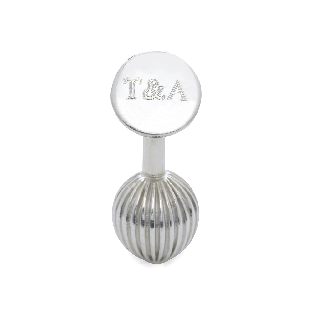 Turnbull & Asser's Sterling Silver Ornament Cufflinks feature round, textured ridged ends and smooth, flat backs, presented elegantly on a plain white background.