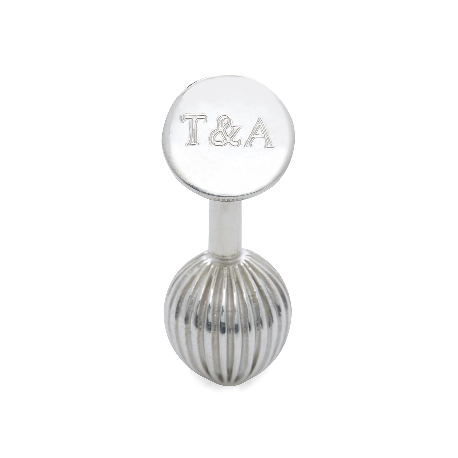 View 2 of product Turnbull & Asser's Sterling Silver Ornament Cufflinks feature round, textured ridged ends and smooth, flat backs, presented elegantly on a plain white background.