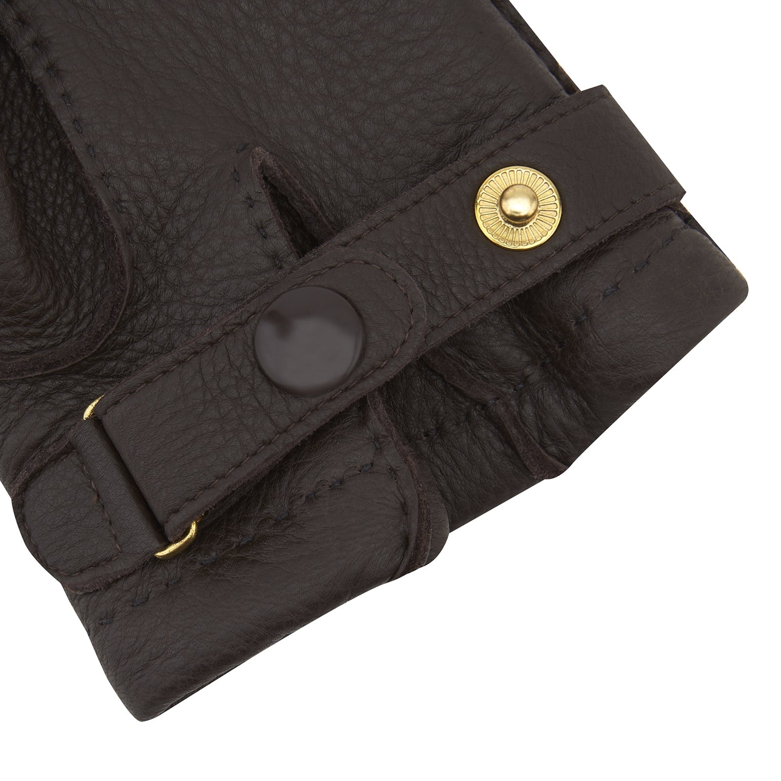 View 2 of product Turnbull & Asser Dark Brown Kirkdale Leather Gloves, shown on a white background, feature a textured leather finish, decorative stitching on the back, and an adjustable wrist strap.