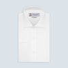 View 2 of product A neatly folded Turnbull & Asser Tailored Fit White Marcella Front Shirt with a Kent collar and double cuffs is displayed against a light grey background, with the label inside the collar visible.