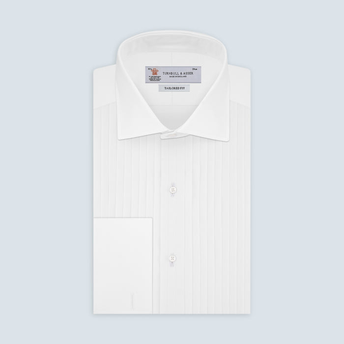 Tailored Fit White Pleated Front Shirt with Kent Collar and Double Cuffs