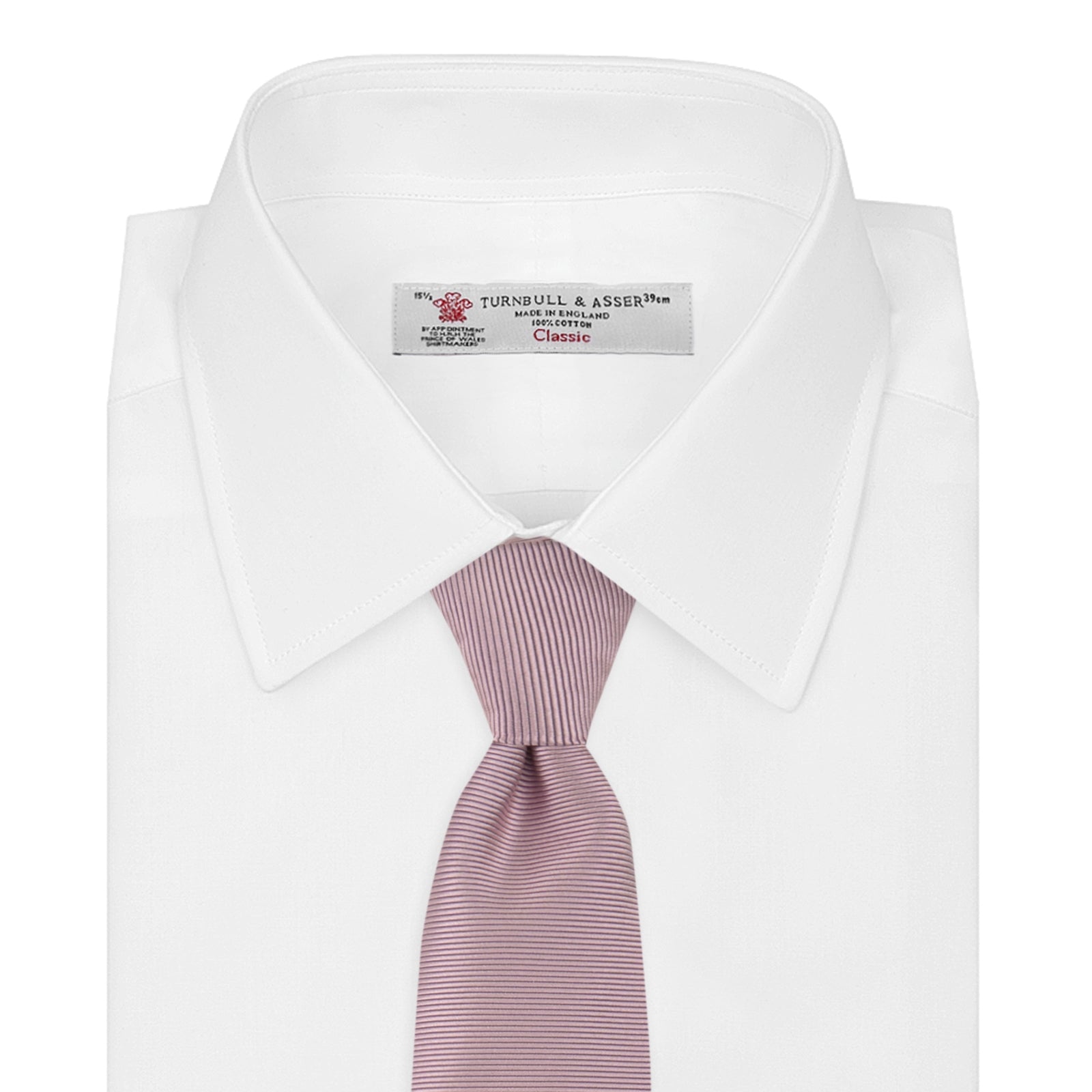 View 2 of product The Turnbull & Asser Rose Horizontal Twill Silk Tie features a pale pink ribbed silk texture, displayed on a white background—ideal for adding a smart touch to cotton shirts.