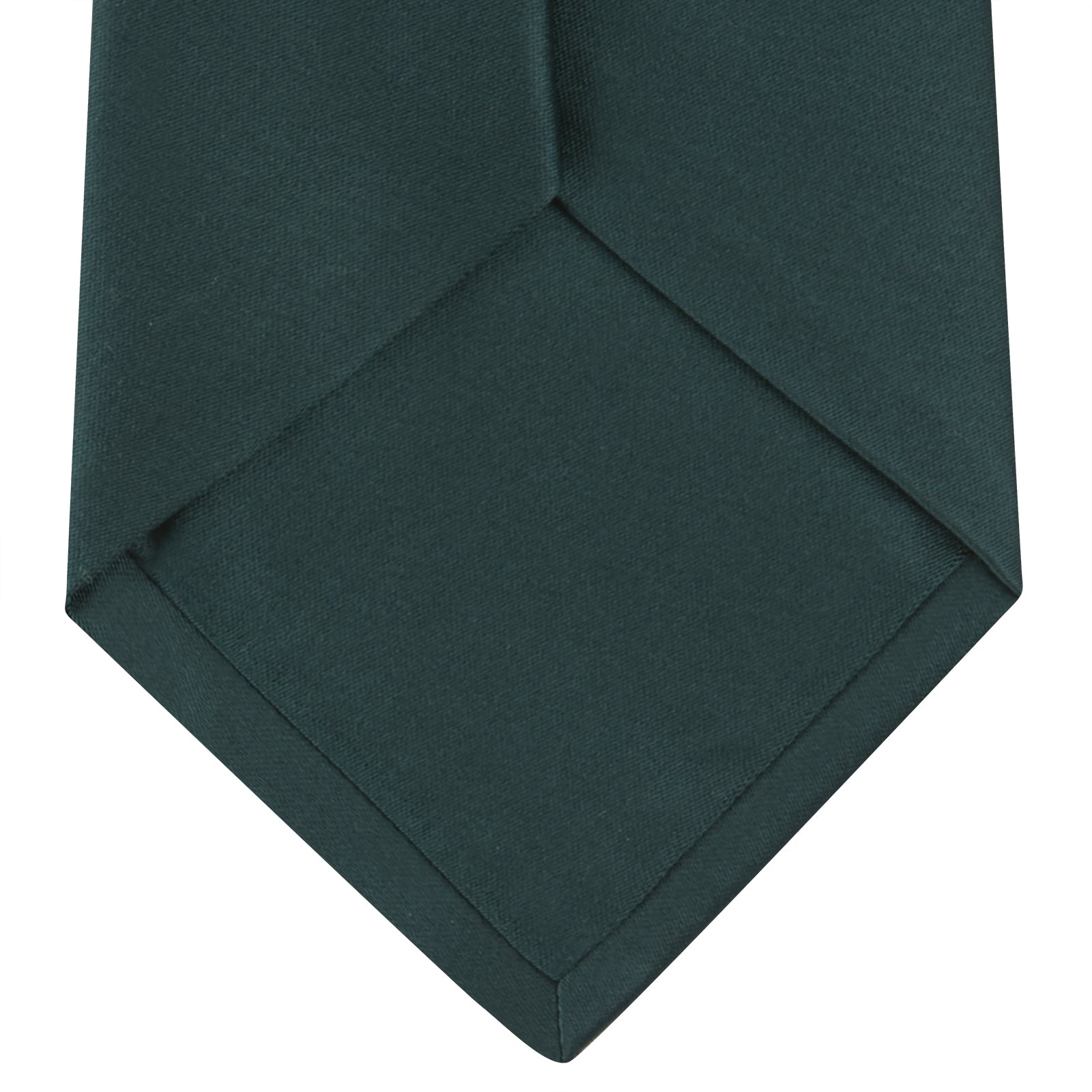 View 4 of product The Turnbull & Asser Forest Green Plain Satin Silk Tie, neatly rolled with a pointed end, is displayed on a plain white background.