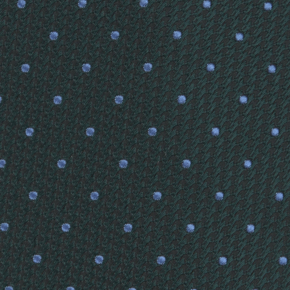 The Turnbull & Asser Forest Green and Blue Spot Lace Silk Tie features small blue dots on green silk—an elegant accessory to complement your favorite office shirt.