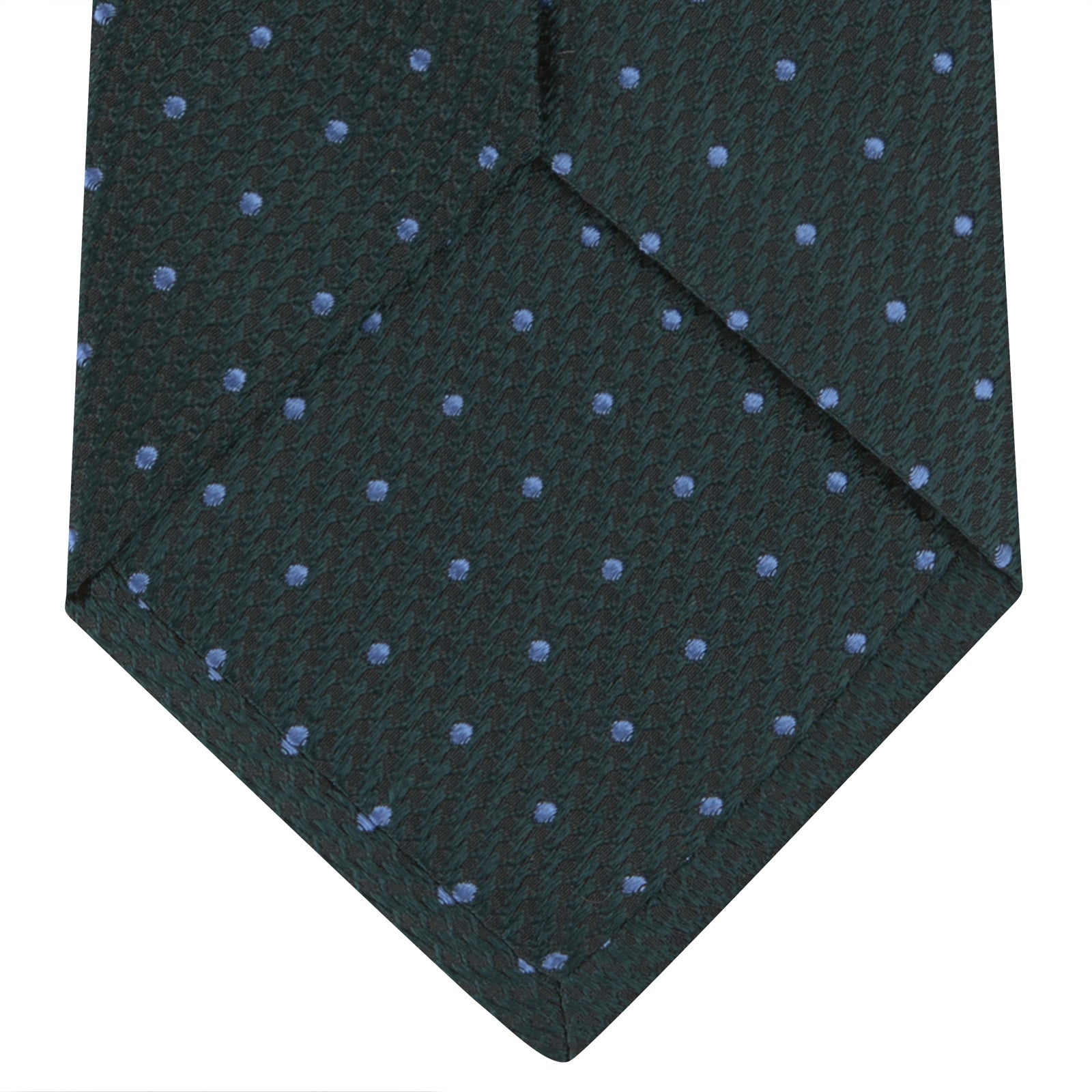 View 4 of product The Turnbull & Asser Forest Green and Blue Spot Lace Silk Tie features small blue dots on green silk—an elegant accessory to complement your favorite office shirt.