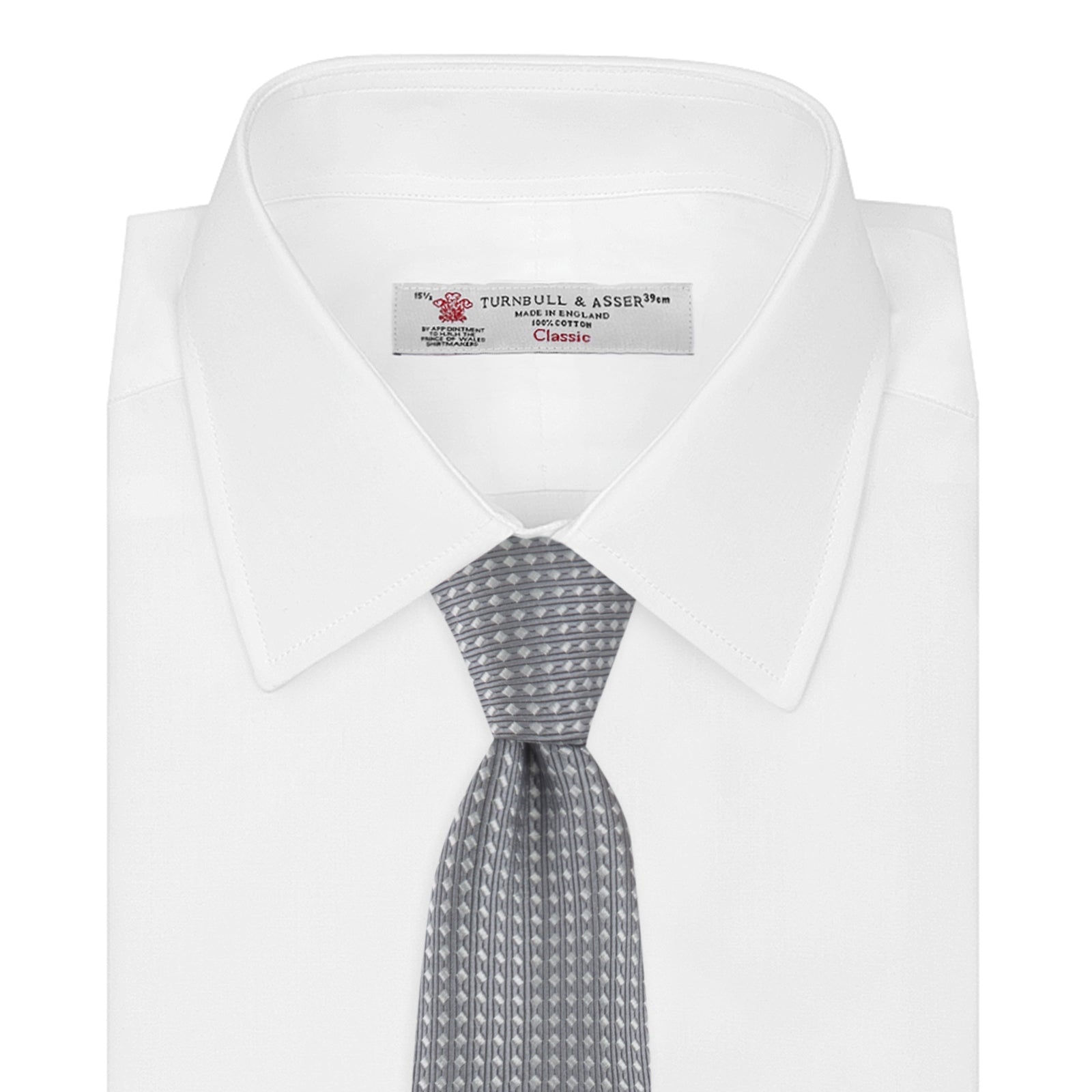 View 2 of product The Turnbull & Asser Grey and White Diamond Silk Tie, featuring a subtle textured pattern, is perfect for pairing with an office shirt and is displayed against a white background.