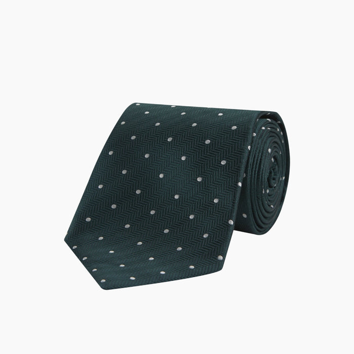 Forest Green and White Small Spot Herringbone Silk Tie Image 4