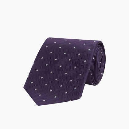 Plum and White Small Spot Herringbone Silk Tie Image 4
