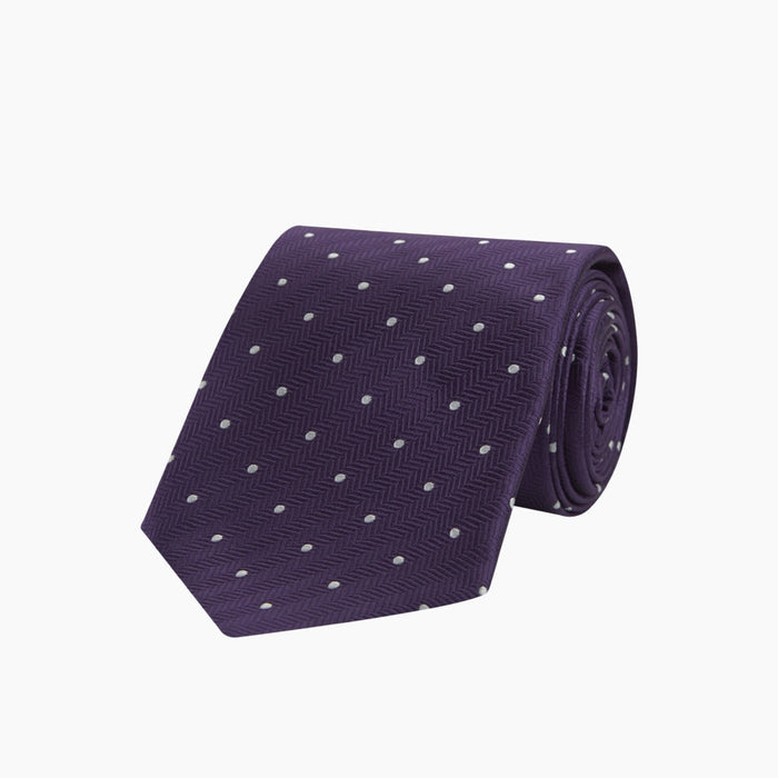 Plum and White Small Spot Herringbone Silk Tie Image 4