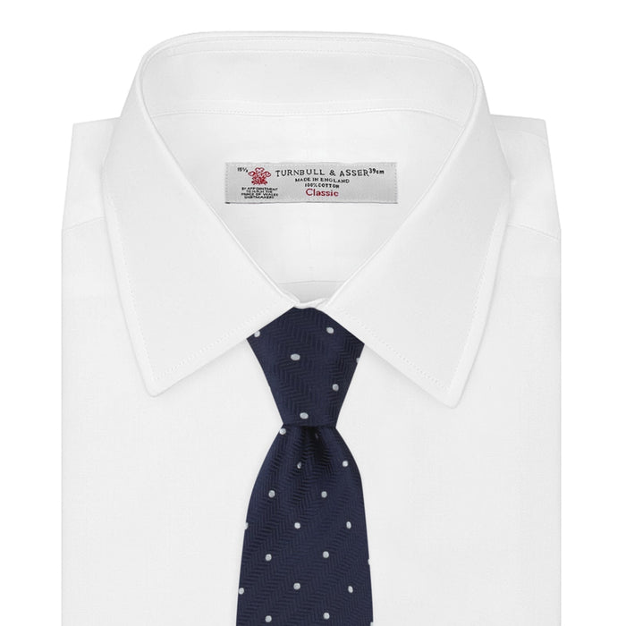 Navy and White Small Spot Herringbone Silk Tie Image 1