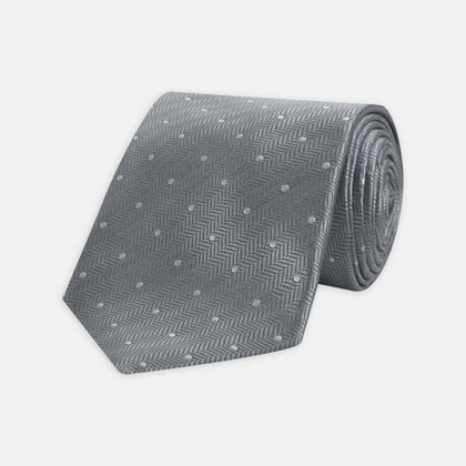 Grey and White Small Spot Herringbone Silk Tie